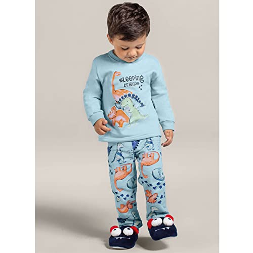 Pijama Infantil que Brilha no Escuro Inverno Moletom Flanelado Menino Brandili Dinossauros Azul (3)