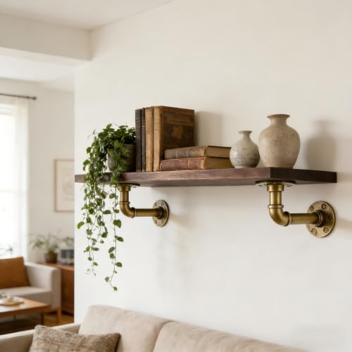 Industrial Pipe Shelf Brackets for 8 10 12 14 inches Board, Iron L Pipe Floating Shelves, Heavy Duty Metal Shelving Brackets - 2 Pack Antique Bronze