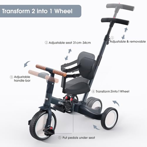 Image of newyoo Tricycle for Toddlers 1-3, Toddler Bike, Trike with Push Handle, Perfect Boys and Girls Birthday Gift and Toys, Balance Bike with Backrest and Safety Belt, TR007, Dark Gray