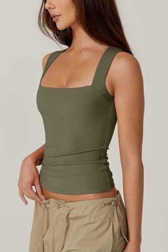 Image of QINSEN Women's Square Neck Sleeveless Double-Layer Tank Tops Basic Tight T Shirts
