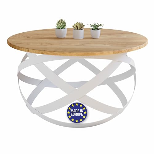 Lumarc Firenze, Mesa de Centro de Madera Maciza de Roble Natural y Acero, Hecha a Mano en Europa, Mesa Auxiliar, Mesa para Sofá, Blanco, Redondo, Ø70x40 cm