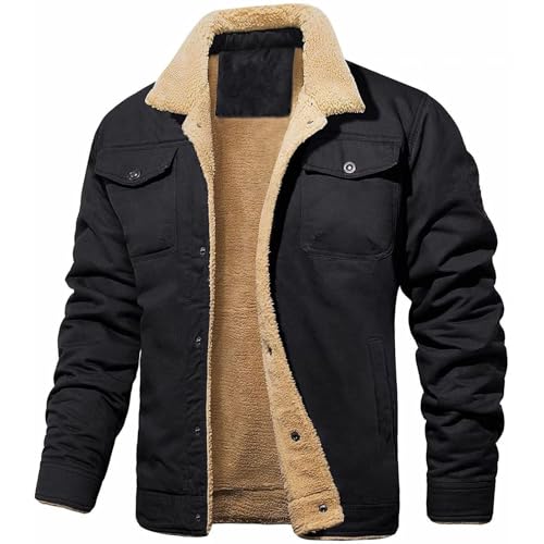 Generisch Bomberjacke Herren, Lederjacke Männer Winterjacke Kurzmantel Mit Teddyfutter Wasserdicht Fleecejacke Wintermantel Herren Warm Biker Motorrad Pelz Mantel Jacke Coat (M, Schwarz)