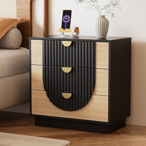 Image of 3 Drawer Nightstand with Charging Station,28 inch Fluted Night Stand & Modern Bedside Table, Wood End Table Storage Cabinet for Bedroom Hallway, Entryway,Black
