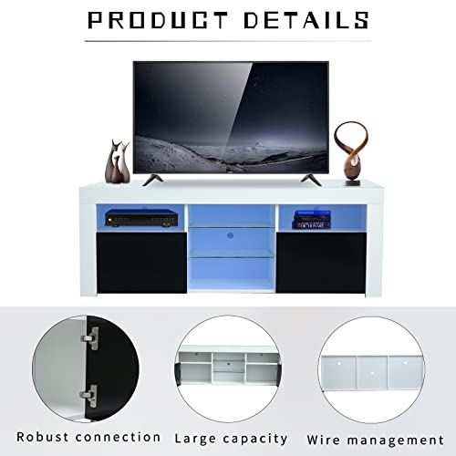 Dmaith 65 Inch Tv Stand With Led Lights, White High Gloss Led Tv Stand With 2 Storage Cabinet And Open Shelves, Modern Entertainment Center Media Console For Living Room And Bedroom #TOP4