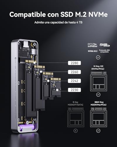 DOCKCASE Explorer Edition Smart Carcasa SSD M2 NVMe, 10s Power Loss Protection, Detección de Vida Útil del Disco, Puertos Dobles Tipo-C USB-C 3.2 10 Gbps Que Admiten SSD NVMe, hasta 4TB, Plata - imagen 6
