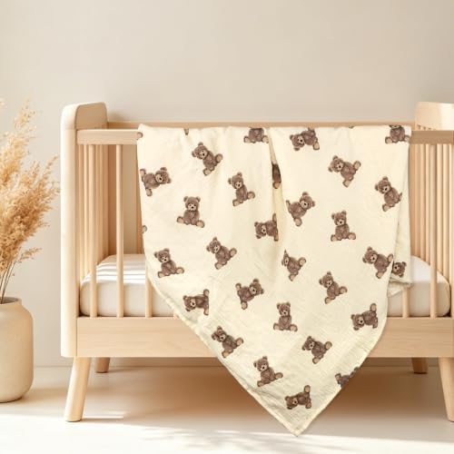 Hooyax Muslin Baby Blanket 30x40, Double-Sided Soft Bear Print Blanket with Plush & Dotted Backing, Swaddle Receiving Blanket for Travel, Stroller, Crib, Nursery, Baby Gift — view 6