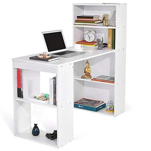 BAKAJI Escritorio con Doble librería 2 + 4 Compartimentos. Mesa de Trabajo para Ordenador de Madera melamínica. Decoración para casa, Oficina, Dormitorio. Dimensiones: 120 x 55 x 120 cm (Blanco)