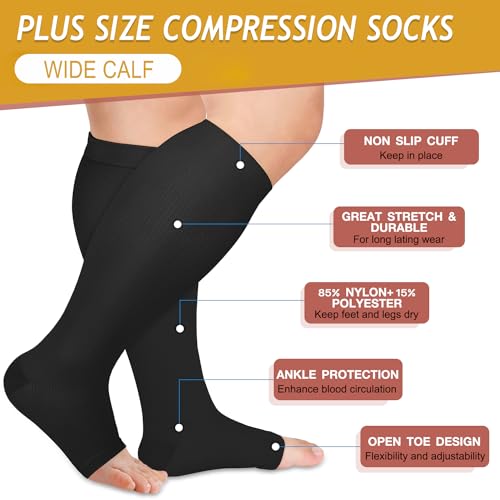 Image of FuelMeFoot Plus Size Compression Socks Wide Calf for Women & Men Knee High Toeless Compression Stockings for Circulation