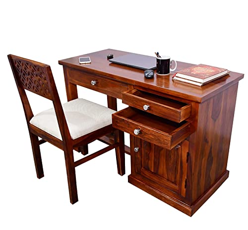 Image of Sheesham Wood Study Table for Bedroom 2 Drawer,1 Storage Cabinet with Keyboard Trey with Flora Chair with Matte Finished (Honey Oak Color)