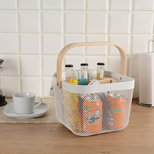 Image of Metal Basket Storage Organizer, Multi-functional Basket with Bamboo Handle for Home Kitchen Picnic Shopping Decor (White)
