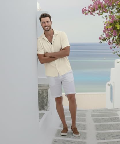 Image of VastraVibes Premium Cotton Linen Shirt for Men | Half Sleeve Slim Fit Casual Shirts | Lightweight Beach Wear & Festive Outfits | Trending Pastel Colors