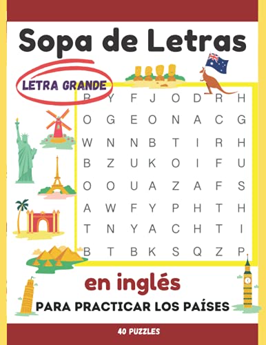 Sopa de Letras | Letra Grande | en inglés para practicar los países | 40 puzzles: Sopa de Letras con Países en inglés | Letra Grande | 40 Puzzles | ... que desean aprender palabras en inglés