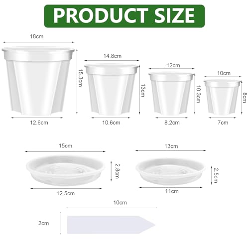 YALIOURS Transparente Pflanztöpfe für Pflanzen, 10/12/15/18cm Blumentöpfe aus Kunststoff mit Abflusslöchern, 8er-Pack Gartentöpfe, Saat-Starter-Töpfe mit Tablett und 10 Pflanzenetiketten