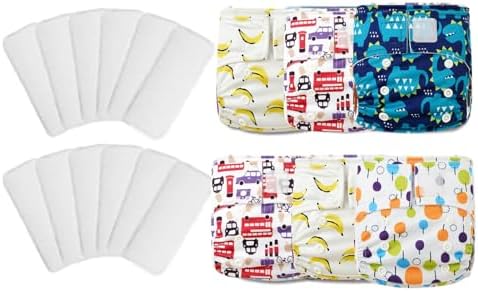 KaWaii Baby Reusable Cloth Diapers – 6 Pocket Diapers + 12 Inserts, Adjustable For 6-22 Lbs (0-18 Months)