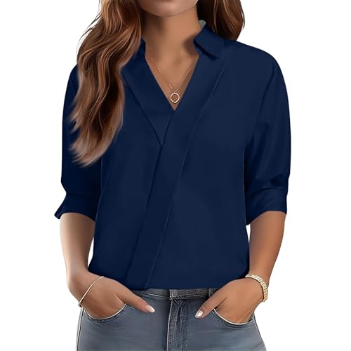 3/4 Length Sleeve Womens Tops Lapel V Neck Pullover Solid Tops Business Work Outfits Loose Blouses Casual Tees（1-Navy,Large）