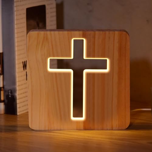 Lampeez Jesus Cross Wooden Lamp Novelty Night Light 3D Illusion lamp for Kids, Kids Decoration Lamp USB Power Bedroom Decor Xmas Holiday Christian Birthday Gifts for Boy Girl