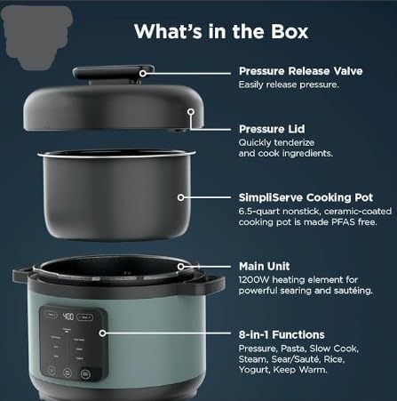 HyperHeat 8-in-1 6.5 Qt Pressure Cooker with SimpliServe Table-Ready Ceramic Nonstick Pot, 8-in-1 Multi-Cooker, 1200W, Sauté, Steam, Yogurt, Rice & Pasta Maker, Sage Leaf