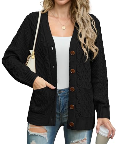 GRECERELLE Cardigans pour femmes avec manches longues douces, pulls tricotés à col en V pour dames, pull oversized avec boutons, cardigan ample et épais pour femmes UK, automne, hiver, printemps, Noir