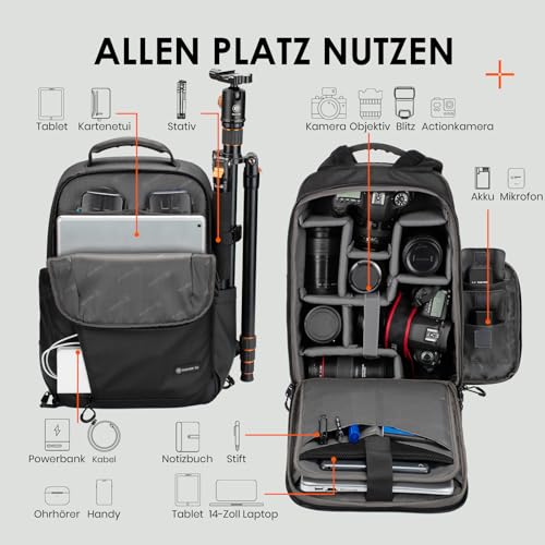 TARION Kamerarucksack Wasserdicht Fotorucksack SLR Kameratasche Kamera Rucksack mit 14 Zoll Laptopfach und Regenschutz für Spiegelreflexkameras-Schwarz