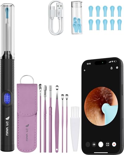 Image of Dr Vaku Clenzio Earocam Ear Cleaner Earwax Removal Tool with Extra Cleaning Kit (Set of 7) HD Camera Wifi Connection & 6 LED Lights Endoscope Tool + 11 Silicone Tips Free & Storage Case-Black /Purple