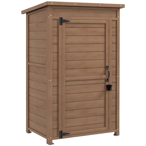Outsunny Armadio da Esterno con Ripiano Regolabile e Tetto Inclinato, Armadio da Giardino in Legno con Catenaccio, 75x56x117cm, Marrone