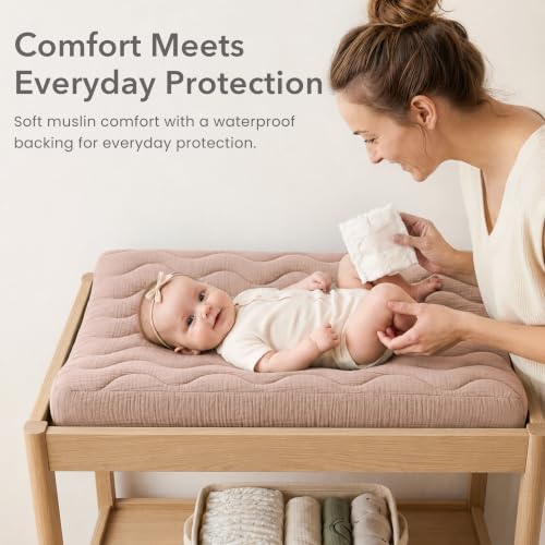Image of Konssy 2 Pack Quilted Muslin Changing Pad Cover, Waterproof Layer 32 inch x 16 inch | 100% Cotton Surface with Silent Protection, Soft Changing Table Sheets, for Baby Boys and Girls (Biscotti)