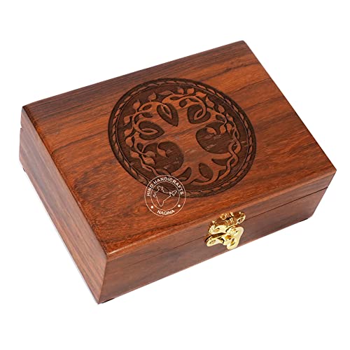 Image of Rosewood Handmade Wooden Urn Tree of Life Engraving Handcarved Jewellery Box for Women-Men Jewel | Home Decor Accents | Decorative Boxes | Storage & Organiser (7 inch x 5.5 inch x 3.5 inch, Tree - 7)