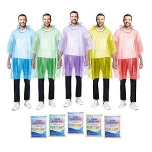 CloudTen Compact and Disposable Rain Ponchos for Men and Women (Multi Color (5 Packs))
