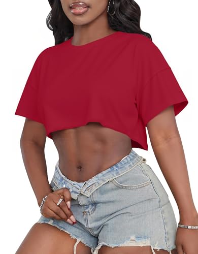 Image of Crop Tops for Women Oversized Short Sleeve T Shirts Crew Neck Cropped Tees
