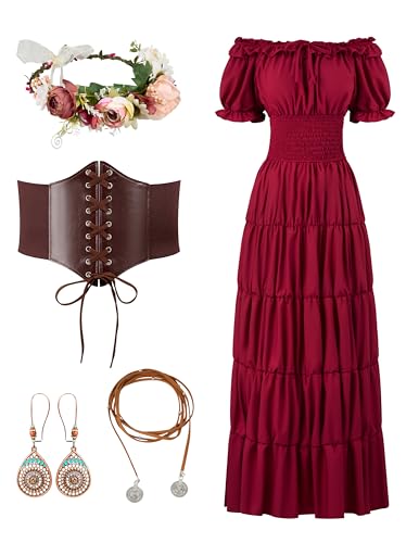 Spooktacular Creations 5Pcs Halloween Renaissance Medieval Dress Costume Women,Wine Red Fairy Chemise Dress Peasant Irish Gown With Wreath Waistbands Necklaces Earrings for Cosplay Paries(X-Large)