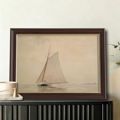 Image of Framed Vintage Sailboat Canvas Wall Art, Antique Nautical Watercolor Painting Prints, Neutral Tone Coastal Wall Decor for Living Room Bedroom Bathroom Office