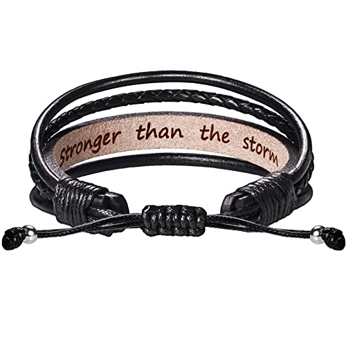 Inspirational Bracelets For Men Leather Gifts For Him Boyfriend Husband Boys Stackable Handmade Black Braided Bracelets Motivational Quotes Engraved Stronger Than The Storm Birthday Christmas Jewelry #TOP15