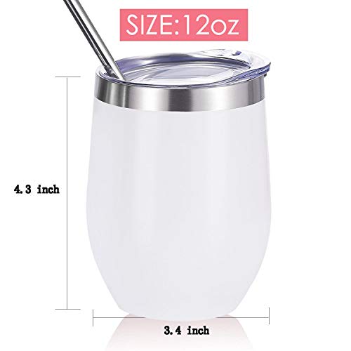 Zonegrace 4 Sets 12 oz Stainless Steel Stemless Wine Glass/Mug, Unbreakable Double Wall Vacuum Insulated thermal White Wine Tumbler with Lids for Wine, Coffee, Including 4 Straws