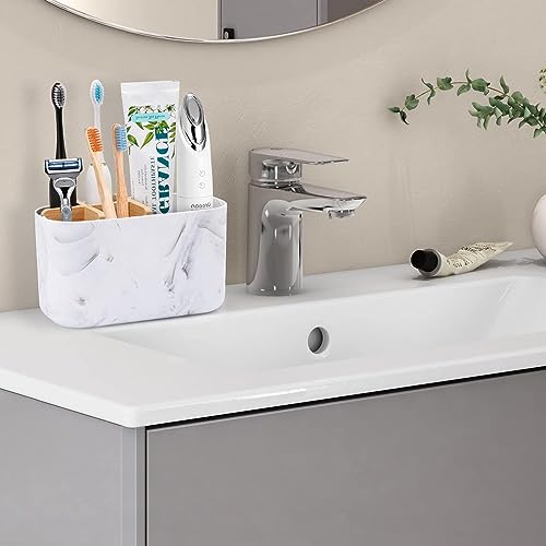Image of Panchhi Store Tooth Brush Holder for Bathroom 5 Slots Bamboo Toothbrush Holder Electric Toothbrush Holder and Toothpaste Holder for Bathroom Countertop Accessories Storage White Marble Print Pack of 1