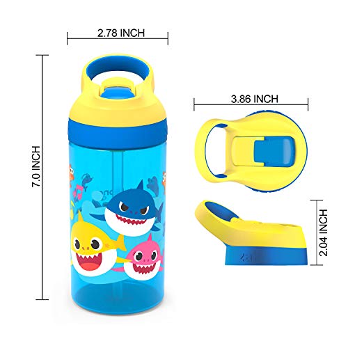Zak Designs Baby Shark Kids Water Bottle With Straw And Built In Carrying Loop Made Of Durable Plastic, Leak-Proof Design (16 Oz #TOP6