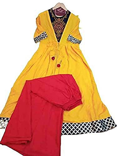 Image of Women Ethnic Set of Rayon Crop Top Skirt and Shrug || Classy Crop Top Kurti with Skirt and Shrug Jacket || Embroidered Ethnic Kurta Set (Color-Yellow Red, Size, XL)