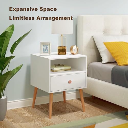 Bentifar 2-Tier Nightstand, Bedside Table, End Table with Storage Drawer and Open Shelf,Simple Style Desk with Solid Wood Legs, Perfect for Bedroom Living Room Office and Dorm