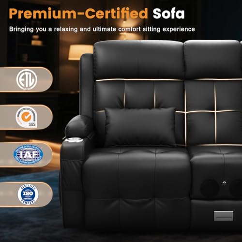 Image of Home Theater Seating, 3 Seat Power Recliner Sofa with Massage & Heat, Wall Hugger Reclining Loveseat with USB, RV Couch with LED Lights, Flip Backrest, Cup Holders for Movie Theater & Gaming Room