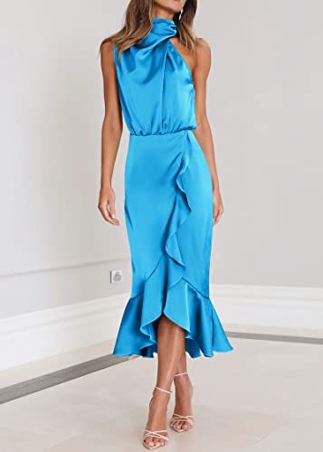 Image of KIRUNDO Women's Summer Satin Mock Neck Wedding Guest Dress | Party Cocktail Midi Dress, 2026 Spring Fashion, Silky, Elegant Classy Halter High Neck, Sleeveless Wrap Ruffle Formal Dress