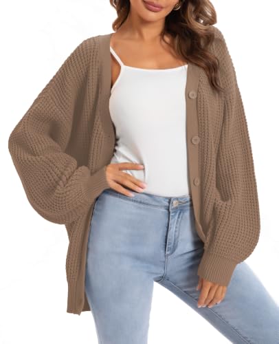 Image of QUALFORT Women's Oversized 100% Cotton Cardigan Sweater | Long Sleeve V Neck Button Down Open Front Knit Outerwear