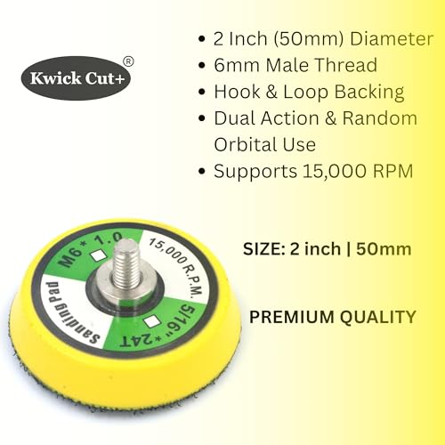 Image of Kwick Cut+ Premium 2 Inch (50mm) Velcro Backing Pad (Pack of 1) | 6mm Male Thread | Dual Action Random Orbital Sander Pad for Sanding, Polishing & Grinding | 15000 RPM Compatible (2-inch)