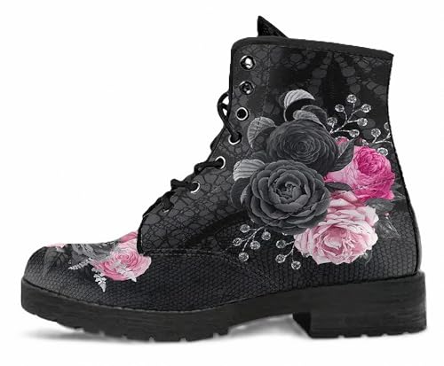 Maimeili Botas de tobillo estampadas mujer con diseño mariposa/rosa/calavera/flor en cuero Botines combate florales elegantes para diario viajes fiestas y festividades (personalizables)