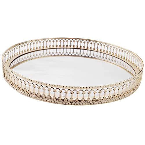 Xiniy Bandeja de Almacenamiento de Joyas de Hierro Dorado Espejo de Vidrio Organizador de Maquillaje Bandeja de Exhibición Decorativa de Postre Cosmético de Escritorio 25Cm