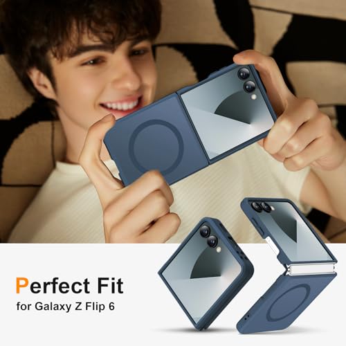 Image of ORETECH Magnetic for Samsung Galaxy Z Flip 7 Case, with [2 x Screen Protector] Translucent Back Non-Slip Hard PC Shockproof Bumper Protective Case for Samsung Z Flip 7 - Navy Blue