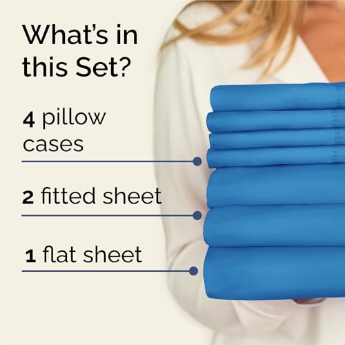 Image of Split King 7 Piece Bed Sheet Set - Comfy, Breathable & Cooling - Denim Blue | Ultra-Soft Hotel Luxury Bedding Set w / 8-16 Inch Deep Pockets, 1 Flat & 2 Fitted Sheet & 4 Pillowcases, Wrinkle & Fade Free
