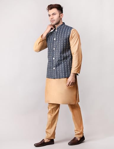 Image of Men's Cotton Silk Blend Regular Kurta Pyjama, Embroidered Nehru Jacket /Waistcoat Set