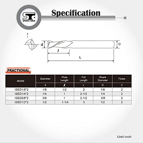 Speed Tiger Ised Carbide Spiral Router Bits Down Cut, 3/8” Diameter, 1” Cutting Length, 2- 1/2"Ovl For Wood/ Oak/Mdf/Aluminum -Made In Taiwan(5 Piece, 3/8") #TOP3