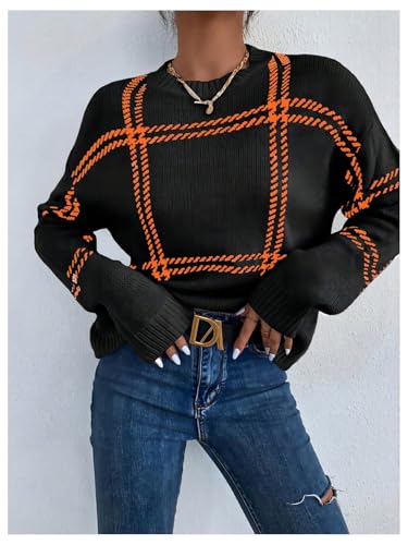 Image of MakeMeChic Women's Drop Shoulder Plaid Pattern Sweater Long Sleeve Round Neck Tops Casual Loose Pullovers Tops Black X-Small