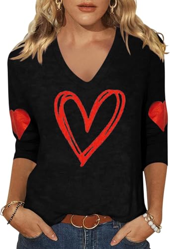 Image of Woffccrd Womens 3 /4 Sleeve V Neck T-Shirts Valentina's Day Spring Shirts Love Heart Printed Graphic Tees