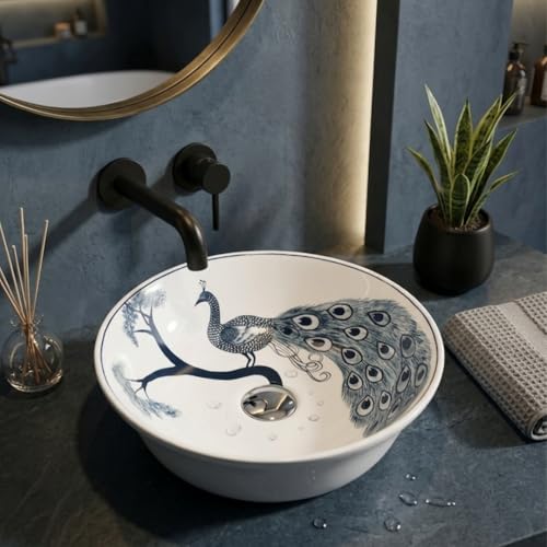 Image of BASSINO 16x16x5 Inches Table Top Washbasin /Premium White-Blue Ceramic Wash Basin /Designer Basin for Bathroom,Home,Hotel /Round Shape Sink with Peacock Design /Wash Basin for Living Room(Glossy)